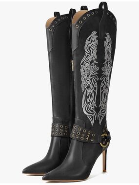 Studded Black Knee high Stiletto Boots with Embroidery boho chic size 7 women’s
